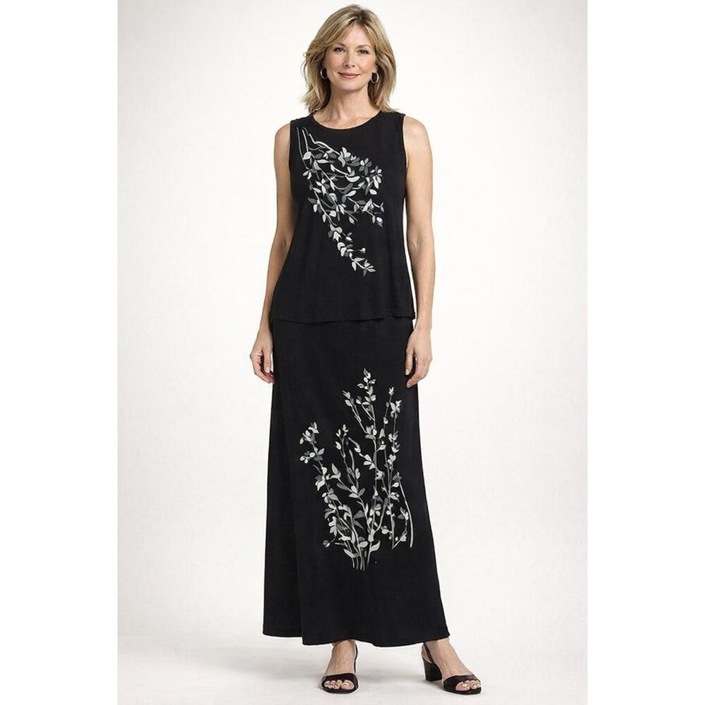 Vtg Carolyn Strauss Collection Black Sleeveless Top Skirt Set Embroidered Size S